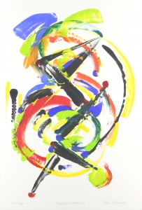 Roger Goldenberg's Visual Jazz Monotype Gallery B Sales has prints pulled from shaped plates. Their style riffs on Goldenberg's shaped visual jazz paintings Hurumph a Diddle Doo