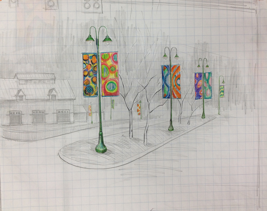 artist's sketch of parking lot entrance from Rte. 1